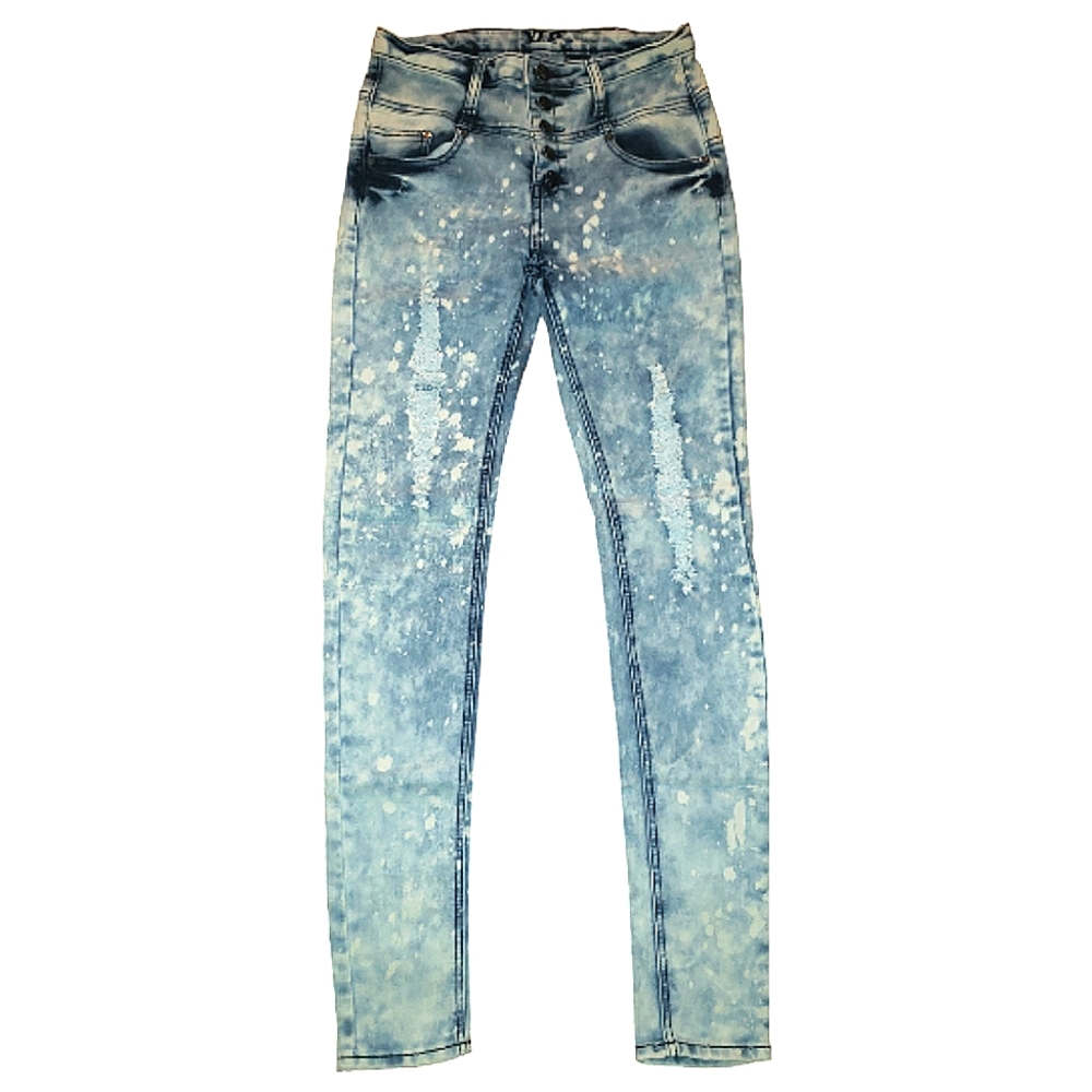 VIP Light Acid Wash Paint Splattered Distressed Fray High Rise Skinny Jeans 5/6